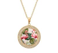 LLUTSNTH Circle Pendant Diamond Necklace for Women - Flamingo Palm Trees Leaf Round Alloy Choker Pendant Fashion Jewelry Gift for Mom, Wife (, 19.7 Inch), One Size, Zinc, Diamond