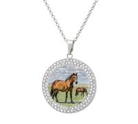 LLUTSNTH Circle Pendant Diamond Necklace for Women - Grazing Wild Horses Round Alloy Choker Pendant Fashion Jewelry Gift for Mom, Wife (, 19.7 Inch), One Size, Zinc, Diamond
