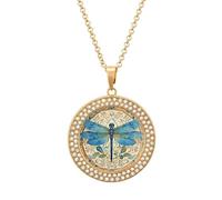 LLUTSNTH Circle Pendant Diamond Necklace for Women - Hand Painted Blue Dragonfly Round Alloy Choker Pendant Fashion Jewelry Gift for Mom, Wife (, 19.7 Inch), One Size, Zinc, Diamond