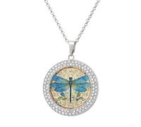 LLUTSNTH Circle Pendant Diamond Necklace for Women - Hand Painted Blue Dragonfly Round Alloy Choker Pendant Fashion Jewelry Gift for Mom, Wife (, 19.7 Inch), One Size, Zinc, Diamond