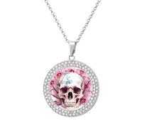 LLUTSNTH Circle Pendant Diamond Necklace for Women - Human Skull Pink Flowers Round Alloy Choker Pendant Fashion Jewelry Gift for Mom, Wife (, 19.7 Inch), One Size, Zinc, Diamond