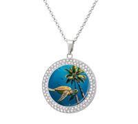 LLUTSNTH Circle Pendant Diamond Necklace for Women - Palm Trees And Sea Turtles Diving Underwater Round Alloy Choker Pendant Fashion Jewelry Gift for Mom, Wife (, 19.7 Inch), One Size, Zinc, Diamond