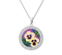 LLUTSNTH Circle Pendant Diamond Necklace for Women - Pansy Perfection Print Round Alloy Choker Pendant Fashion Jewelry Gift for Mom, Wife (, 19.7 Inch), One Size, Zinc, Diamond