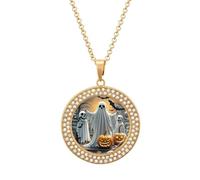 LLUTSNTH Circle Pendant Diamond Necklace for Women - Pumpkin Lantern Ghost Round Alloy Choker Pendant Fashion Jewelry Gift for Mom, Wife (, 19.7 Inch), One Size, Zinc, Diamond