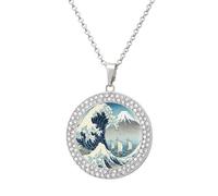 LLUTSNTH Circle Pendant Diamond Necklace for Women - The Great Wave Off Kanagawa Round Alloy Choker Pendant Fashion Jewelry Gift for Mom, Wife (, 19.7 Inch), One size, Zinc, Diamond