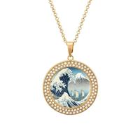 LLUTSNTH Circle Pendant Diamond Necklace for Women - The Great Wave Off Kanagawa Round Alloy Choker Pendant Fashion Jewelry Gift for Mom, Wife (, 19.7 Inch), One Size, Zinc, Diamond