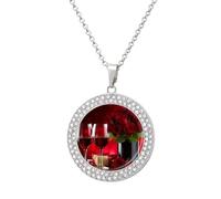 LLUTSNTH Circle Pendant Diamond Necklace for Women - Wine And Red Roses Round Alloy Choker Pendant Fashion Jewelry Gift for Mom, Wife (, 19.7 Inch), One Size, Zinc, Diamond
