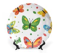 LLUTSNTH Colorful Cartoon Butterfly Ceramic Decorative Plate Boho Bone China Decorative Plate with Display Stand Wall Hanging Ornament Plates for Kitchen Dining Room Wine Cabinet Home Décor 7inch