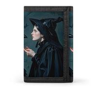 LLUTSNTH Comic Style Tomatoes Trifold Wallet for Men - Slim 8 Card Slots, Zipper Coin Purse Money Clip, Cash Compartment, Black Raven Witch, One Size, Modern