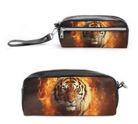 LLUTSNTH Cool Tiger in Flame Pencil Case - Large Capacity Pen Pouch Aesthetic Makeup Bag with Zipper Leather Pencil Bag for Stationery, Art Supplies, Travel Essentials