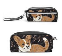 LLUTSNTH Corgi Who Loves Music Pencil Case - Large Capacity Pen Pouch Aesthetic Makeup Bag with Zipper Leather Pencil Bag for Stationery, Art Supplies, Travel Essentials
