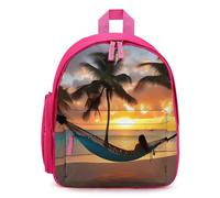 LLUTSNTH Cute Backpack Coconut Beach Sunset Hammock Casual Daypack Waterproof Lightweight Bookbag 12.6 Inch Zipper Bag, Pink, One Size