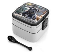 LLUTSNTH Cute Black Pug Dog Stackable Bento Box with Spoon - Leak Proof Lunch Container, Insulated Food Storage Boxes/Invisible Handle for Office, Travel & Picnic