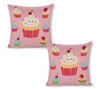 LLUTSNTH Cute Cupcake Throw Pillow Covers - 18"x18"（2pcs） Square Cotton Linen Pillwcase, Soft Double Sided Rustic Farmhouse Cushion Covers with Hidden Zipper for Sofa Bed Living Room Decor