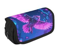 LLUTSNTH Cyber Owl 2 Compartments Pencil Case Makeup Bag | Large Capacity Polyester Pencil Pouch with Handle | Toiletry & Cosmetic Bag Organizer for Travel Office