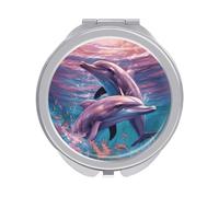 LLUTSNTH Dolphins Art Compact Pocket Mirror, Portable Travel Makeup Mirror with 1x/2x Magnification - Double-Sided Folding Design, Elegant Gift for Women, 2.4 Inch Handheld Cosmetic Mirror