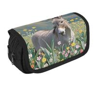 LLUTSNTH Donkey And Flower 2 Compartments Pencil Case Makeup Bag | Large Capacity Polyester Pencil Pouch with Handle | Toiletry & Cosmetic Bag Organizer for Travel Office