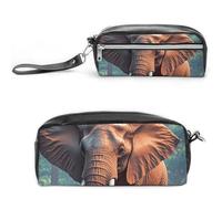 LLUTSNTH Elephants Red Pencil Case - Large Capacity Pen Pouch Aesthetic Makeup Bag with Zipper Leather Pencil Bag for Stationery, Art Supplies, Travel Essentials