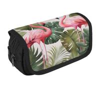LLUTSNTH Flamingo Palm Trees Leaf 2 Compartments Pencil Case Makeup Bag | Large Capacity Polyester Pencil Pouch with Handle | Toiletry & Cosmetic Bag Organizer for Travel Office