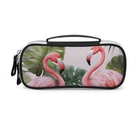 LLUTSNTH Flamingo Palm Trees Leaf Pencil Case - Large Capacity Pencil Pouch Aesthetic Makeup Bag with Zipper Leather And Handle Design Pen Bag for Stationery, Art Supplies, Travel Essentials