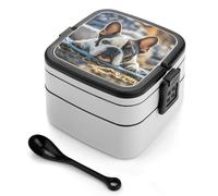 LLUTSNTH French Bulldog Dog Cute Stackable Bento Box with Spoon - Leak Proof Lunch Container, Insulated Food Storage Boxes/Invisible Handle for Office, Travel & Picnic