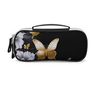 LLUTSNTH Gold White Butterflies Black Pencil Case - Large Capacity Pencil Pouch Aesthetic Makeup Bag with Zipper Leather And Handle Design Pen Bag for Stationery, Art Supplies, Travel Essentials