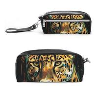 LLUTSNTH Green Eyed Leopard Painting Pencil Case - Large Capacity Pen Pouch Aesthetic Makeup Bag with Zipper Leather Pencil Bag for Stationery, Art Supplies, Travel Essentials