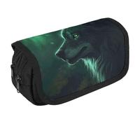 LLUTSNTH Green Wolf 2 Compartments Pencil Case Makeup Bag | Large Capacity Polyester Pencil Pouch with Handle | Toiletry & Cosmetic Bag Organizer for Travel Office