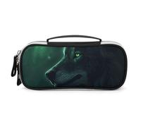 LLUTSNTH Green Wolf Pencil Case - Large Capacity Pencil Pouch Aesthetic Makeup Bag with Zipper Leather And Handle Design Pen Bag for Stationery, Art Supplies, Travel Essentials