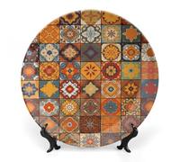 LLUTSNTH Group of Moroccan Geometric Ceramic Decorative Plate Boho Bone China Decorative Plate with Display Stand Wall Hanging Ornament Plates for Kitchen Dining Room Wine Cabinet Home Décor 10inch