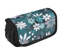LLUTSNTH Happy Penguin in The Water 2 Compartments Pencil Case Makeup Bag | Large Capacity Polyester Pencil Pouch with Handle | Toiletry & Cosmetic Bag Organizer for Travel Office, Teal Grey and White