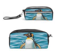 LLUTSNTH Happy Penguin in The Water Pencil Case - Large Capacity Pen Pouch Aesthetic Makeup Bag with Zipper Leather Pencil Bag for Stationery, Art Supplies, Travel Essentials