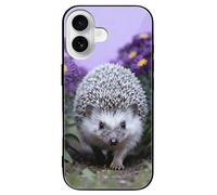 LLUTSNTH Hedgehog Through Asters for iPhone 16/Pro Case Durable Shockproof Glass Protective Cover with Cute Pattern Design Protection for Women & Men Black