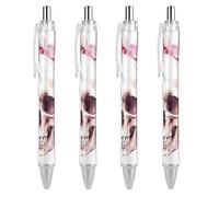 LLUTSNTH Human Skull Pink Flowers Ballpoint Pens Black Medium Point 0.55mm Ball Point Pen Retractable Office Pens with Super Soft Grip Writing Ink Pen for Men Women 4 PCS