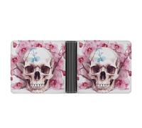 LLUTSNTH Human Skull Pink Flowers Slim Leather Wallet for Men Bifold Card Holder for Daily Travel Mens Money Clip