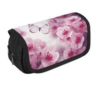 LLUTSNTH Husky Dog on A Frozen Lake 2 Compartments Pencil Case Makeup Bag | Large Capacity Polyester Pencil Pouch with Handle | Toiletry & Cosmetic Bag Organizer for Travel Office, Flowers and