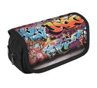LLUTSNTH Husky Dog on A Frozen Lake 2 Compartments Pencil Case Makeup Bag | Large Capacity Polyester Pencil Pouch with Handle | Toiletry & Cosmetic Bag Organizer for Travel Office, Graffiti Hip Hop