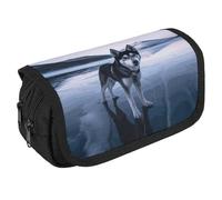 LLUTSNTH Husky Dog on A Frozen Lake 2 Compartments Pencil Case Makeup Bag | Large Capacity Polyester Pencil Pouch with Handle | Toiletry & Cosmetic Bag Organizer for Travel Office, Husky Dog on a