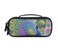 LLUTSNTH Indian Peacock Pencil Case - Large Capacity Pencil Pouch Aesthetic Makeup Bag with Zipper Leather And Handle Design Pen Bag for Stationery, Art Supplies, Travel Essentials