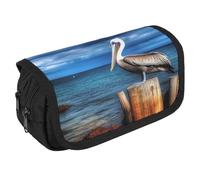 LLUTSNTH Jewel Dragonfly 2 Compartments Pencil Case Makeup Bag | Large Capacity Polyester Pencil Pouch with Handle | Toiletry & Cosmetic Bag Organizer for Travel Office, Pelican Bird Blue Sea Sky, One