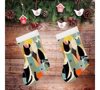 LLUTSNTH Large Christmas Stockings - Mid-Century Modern Art Cat Personalized Xmas Stockings, Rustic Plush Xmas Hanging Stocking Decorations for Family Holiday Christmas Party Decorations 16.5 Inch