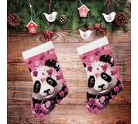 LLUTSNTH Large Christmas Stockings - Pink Panda Cotton Personalized Xmas Stockings, Rustic Plush Xmas Hanging Stocking Decorations for Family Holiday Christmas Party Decorations 16.5 Inch