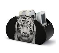 LLUTSNTH Leather Remote Control Holder with 5 Compartments Black And White Tiger TV Remote Caddy Desktop Organizer Makeup Brush Holder Office Storage Box for DVD Nightstand Desk