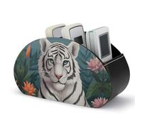 LLUTSNTH Leather Remote Control Holder with 5 Compartments Cute White Tiger TV Remote Caddy Desktop Organizer Makeup Brush Holder Office Storage Box for DVD Nightstand Desk