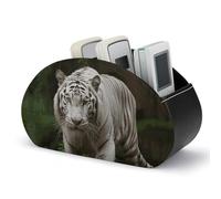 LLUTSNTH Leather Remote Control Holder with 5 Compartments Majestic White Bengal Tiger TV Remote Caddy Desktop Organizer Makeup Brush Holder Office Storage Box for DVD Nightstand Desk