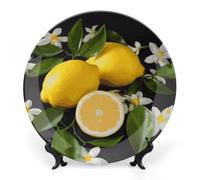 LLUTSNTH Lemon And Flower Ceramic Decorative Plate Boho Bone China Decorative Plate with Display Stand Wall Hanging Ornament Plates for Kitchen Dining Room Wine Cabinet Home Décor 8inch