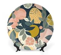 LLUTSNTH Lemon Citrus Pattern Ceramic Decorative Plate Boho Bone China Decorative Plate with Display Stand Wall Hanging Ornament Plates for Kitchen Dining Room Wine Cabinet Home Décor 10inch