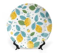 LLUTSNTH Lemon Doodle Pattern Ceramic Decorative Plate Boho Bone China Decorative Plate with Display Stand Wall Hanging Ornament Plates for Kitchen Dining Room Wine Cabinet Home Décor 6inch