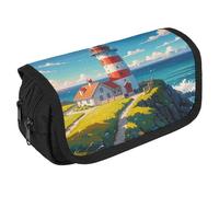 LLUTSNTH Lighthouse Diamond Paint 2 Compartments Pencil Case Makeup Bag | Large Capacity Polyester Pencil Pouch with Handle | Toiletry & Cosmetic Bag Organizer for Travel Office