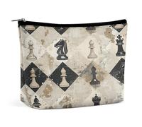LLUTSNTH Makeup Bags Large Capacity Cosmetic Bags for Women Chess Piece Brown Pattern Open Flat Toiletry Bag Waterproof Makeup Pouch Portable Cosmetic Organizer Makeups Train for Travel Gift